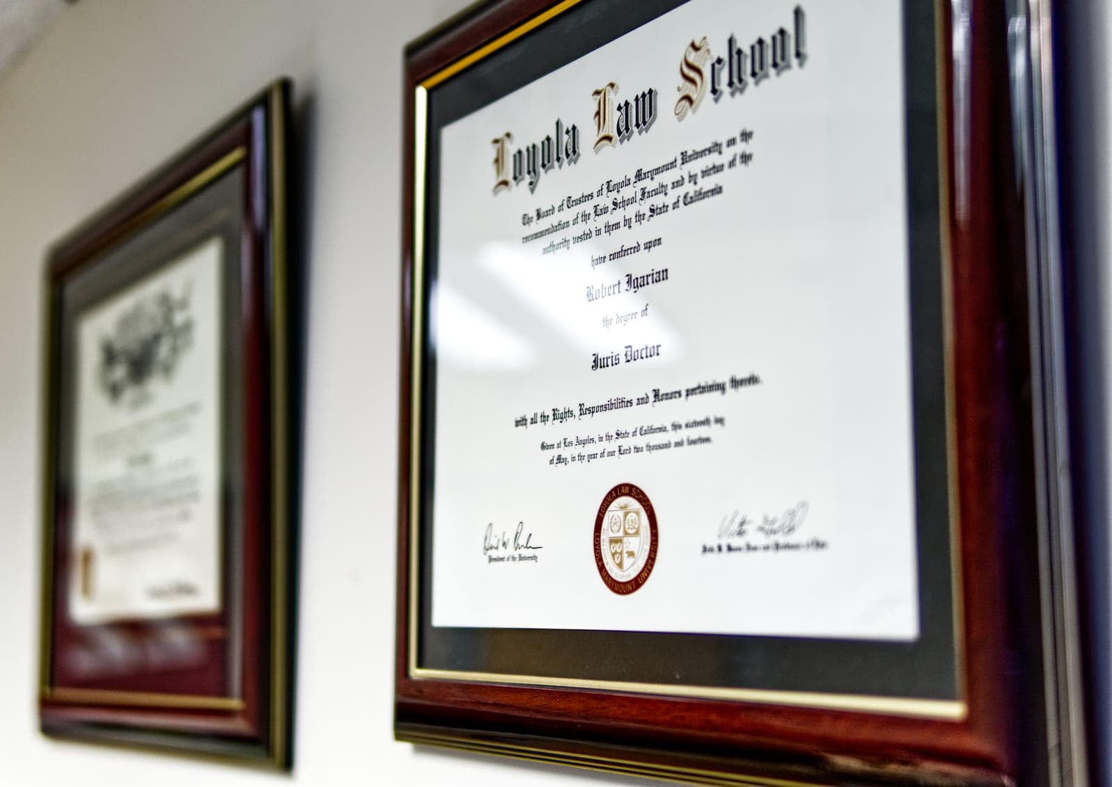 Robert Igarian's Juris Doctor diploma from Loyola Law School